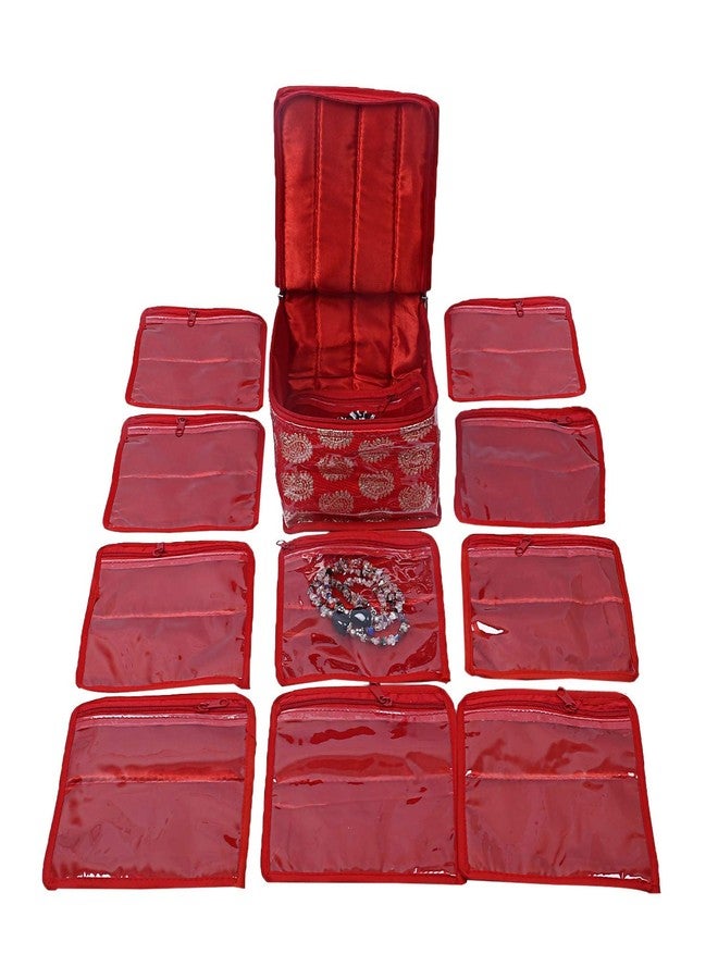 STACKRAID Brocade Jewellery Organizer With 10 Transparent Pouch, Vanity Box Size 19 x 18 x 13, Pack of 1 (Red) - Image 4